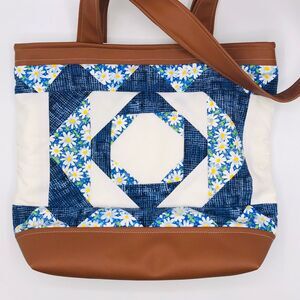 Handmade Tote Bag: Hand-Pieced Quilt Design Blue Daisy, Faux Leather Accents